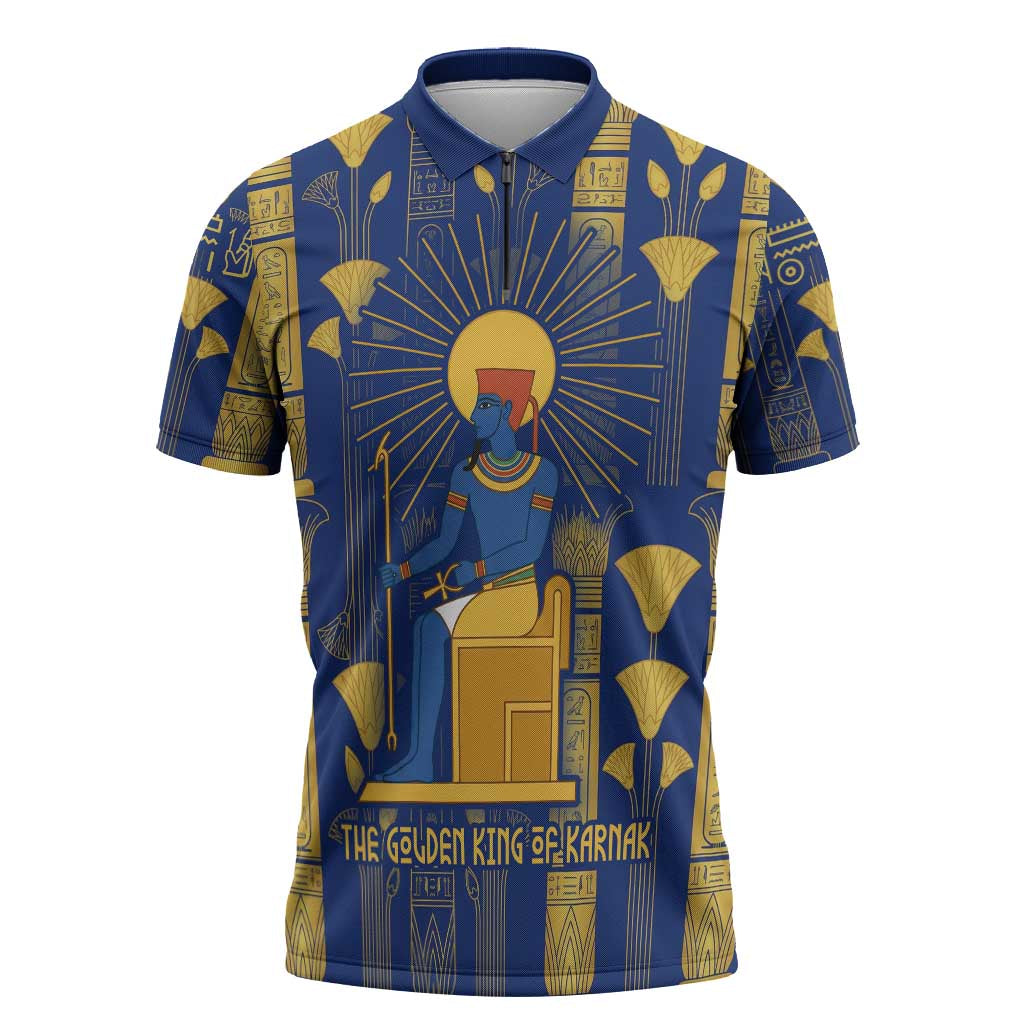 Amun Zipper Polo Shirt Ancient Egyptian Hieroglyphic, Pharaoh and Scarab - Wonder Print Shop