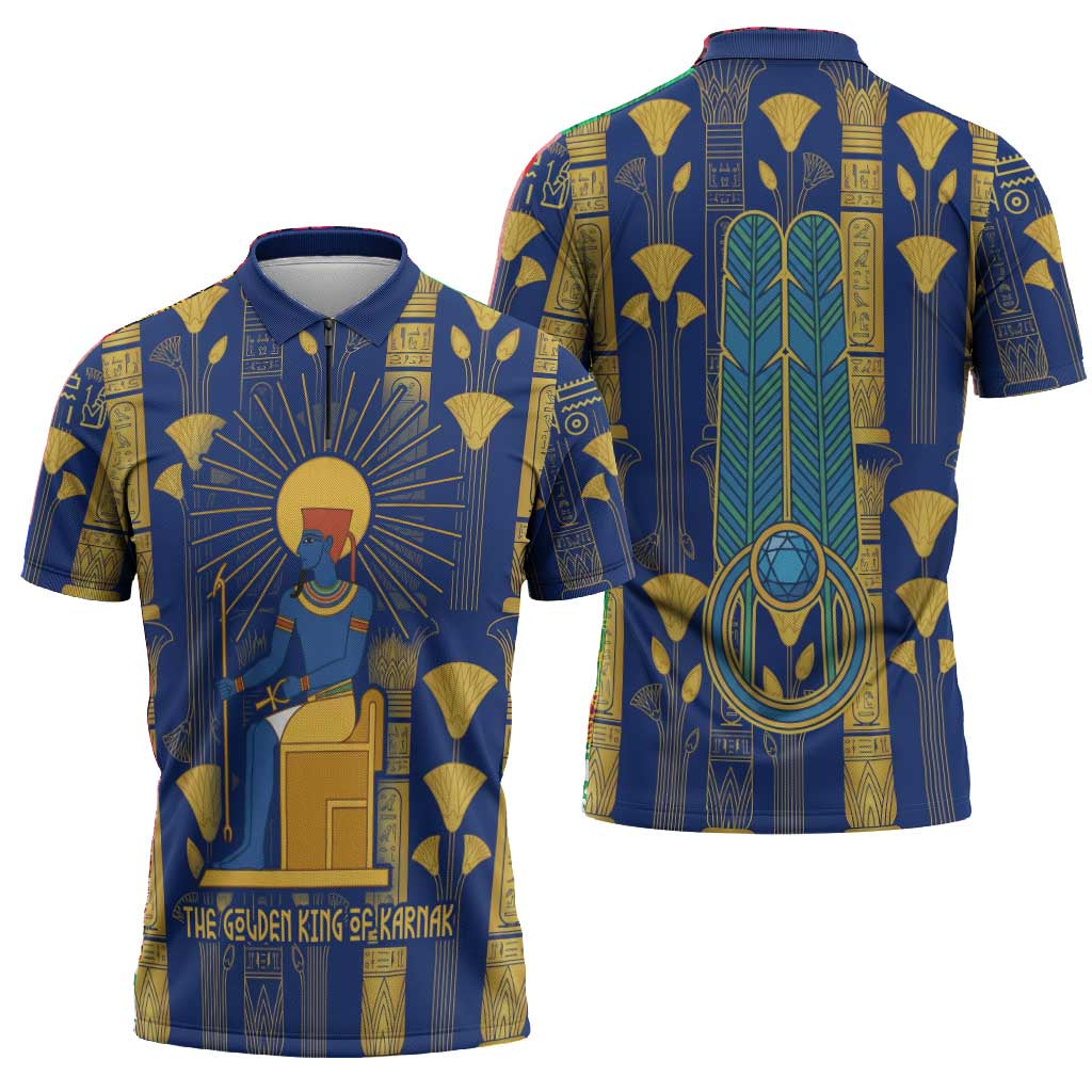 Amun Zipper Polo Shirt Ancient Egyptian Hieroglyphic, Pharaoh and Scarab - Wonder Print Shop