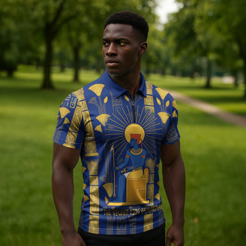 Amun Zipper Polo Shirt Ancient Egyptian Hieroglyphic, Pharaoh and Scarab - Wonder Print Shop