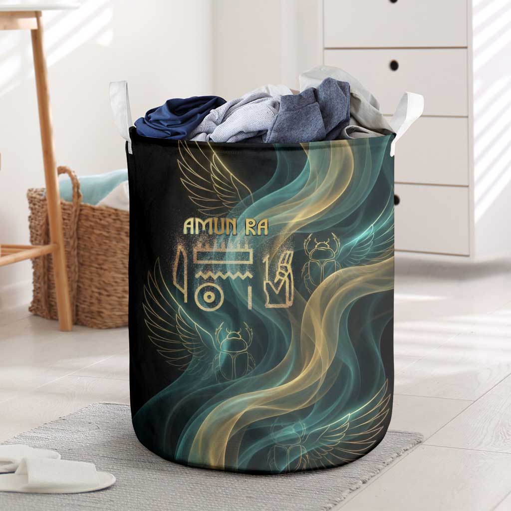 Amun Ancient Egyptian Laundry Basket with Mystical Smoke Swirl Pattern, Fiery Ram Head, and Hieroglyphic - Wonder Print Shop
