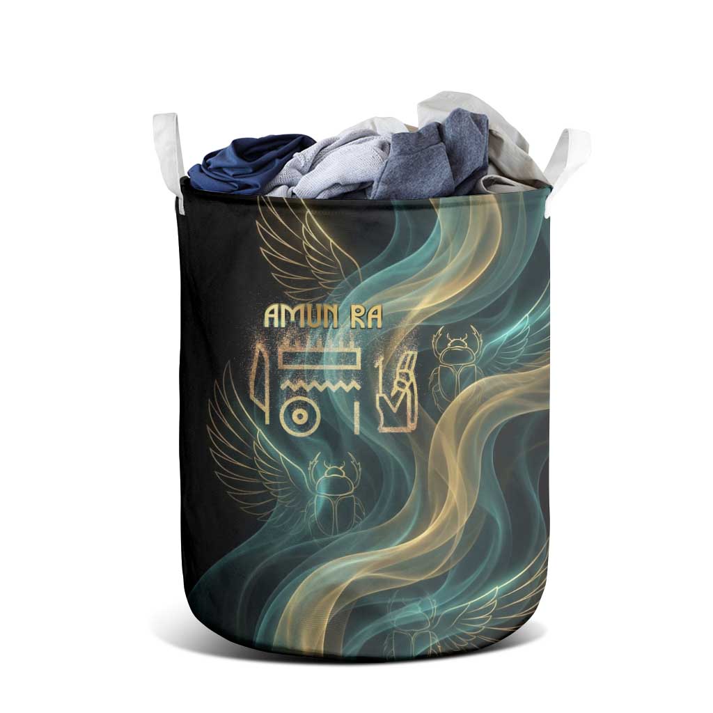 Amun Ancient Egyptian Laundry Basket with Mystical Smoke Swirl Pattern, Fiery Ram Head, and Hieroglyphic - Wonder Print Shop