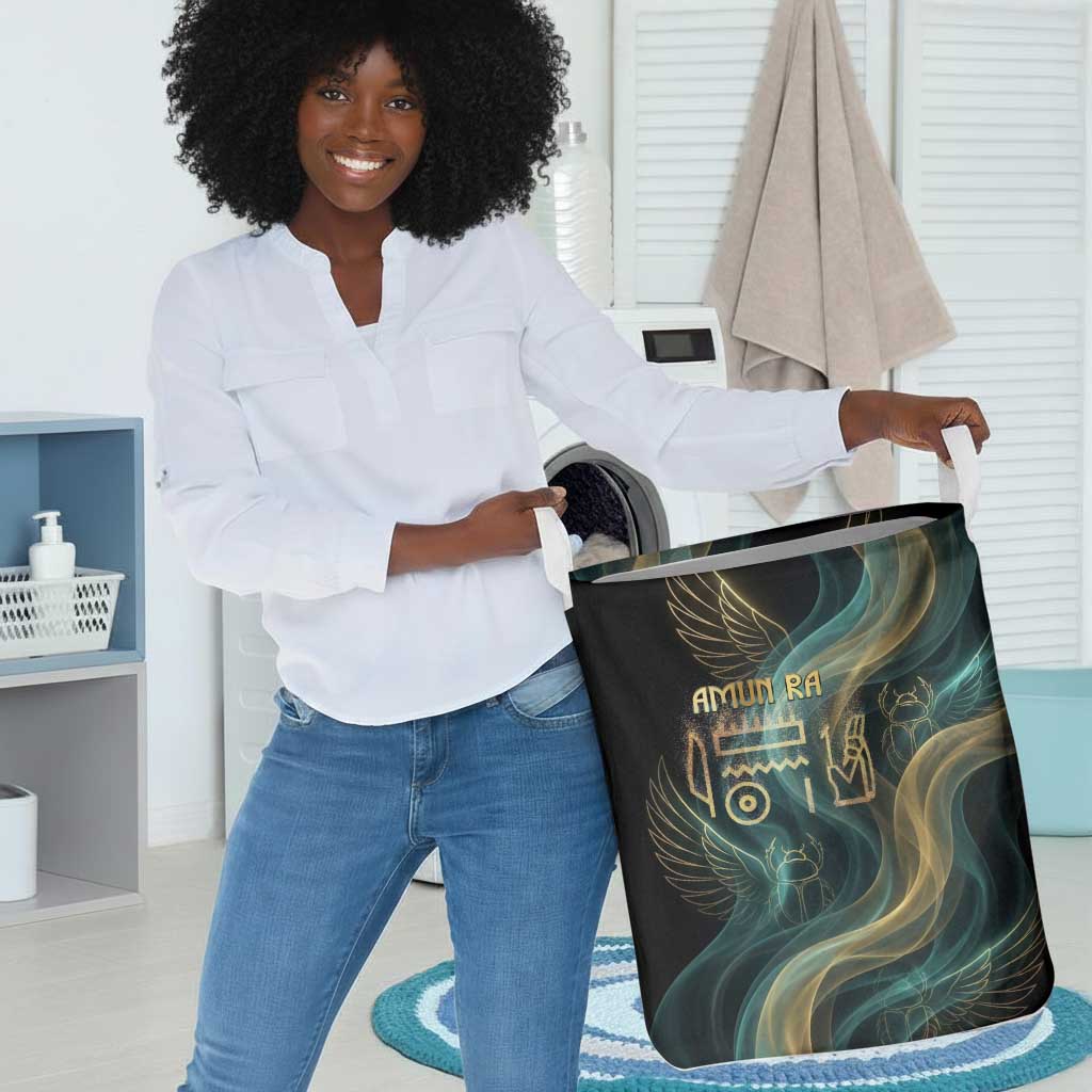Amun Ancient Egyptian Laundry Basket with Mystical Smoke Swirl Pattern, Fiery Ram Head, and Hieroglyphic - Wonder Print Shop