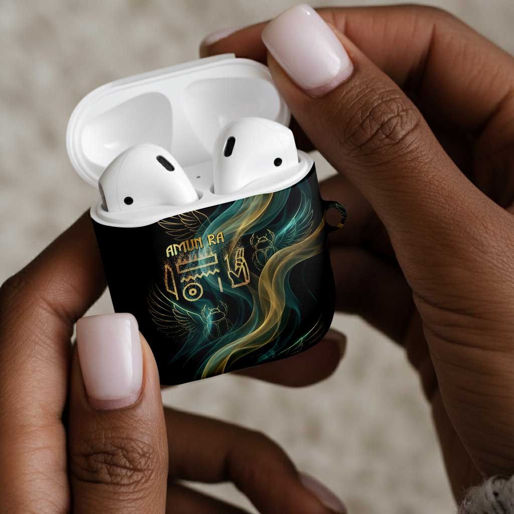 Amun Ancient Egyptian AirPods Case with Mystical Smoke Swirl Pattern, Fiery Ram Head, and Hieroglyphic - Wonder Print Shop