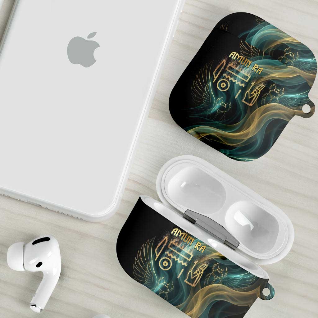 Amun Ancient Egyptian AirPods Case with Mystical Smoke Swirl Pattern, Fiery Ram Head, and Hieroglyphic - Wonder Print Shop