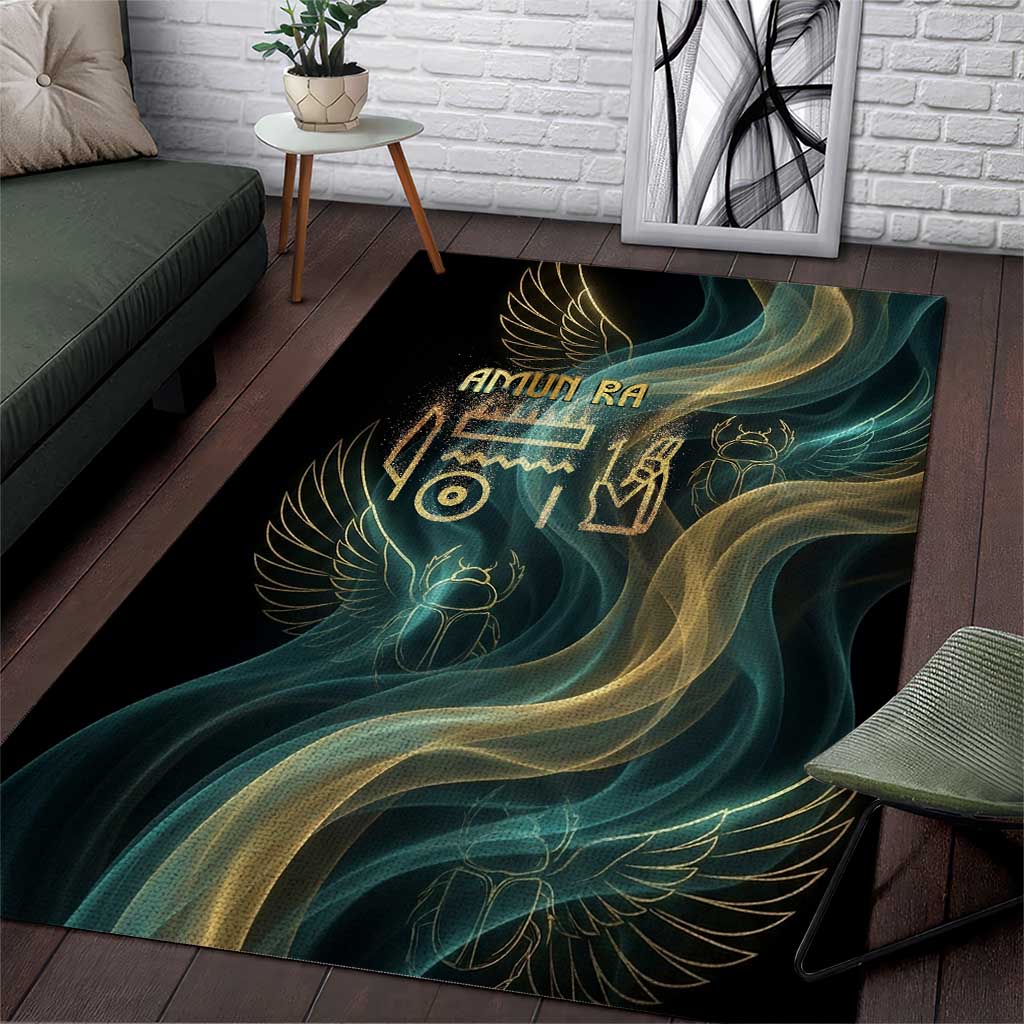 Amun Ancient Egyptian Area Rug with Mystical Smoke Swirl Pattern, Fiery Ram Head, and Hieroglyphic - Wonder Print Shop