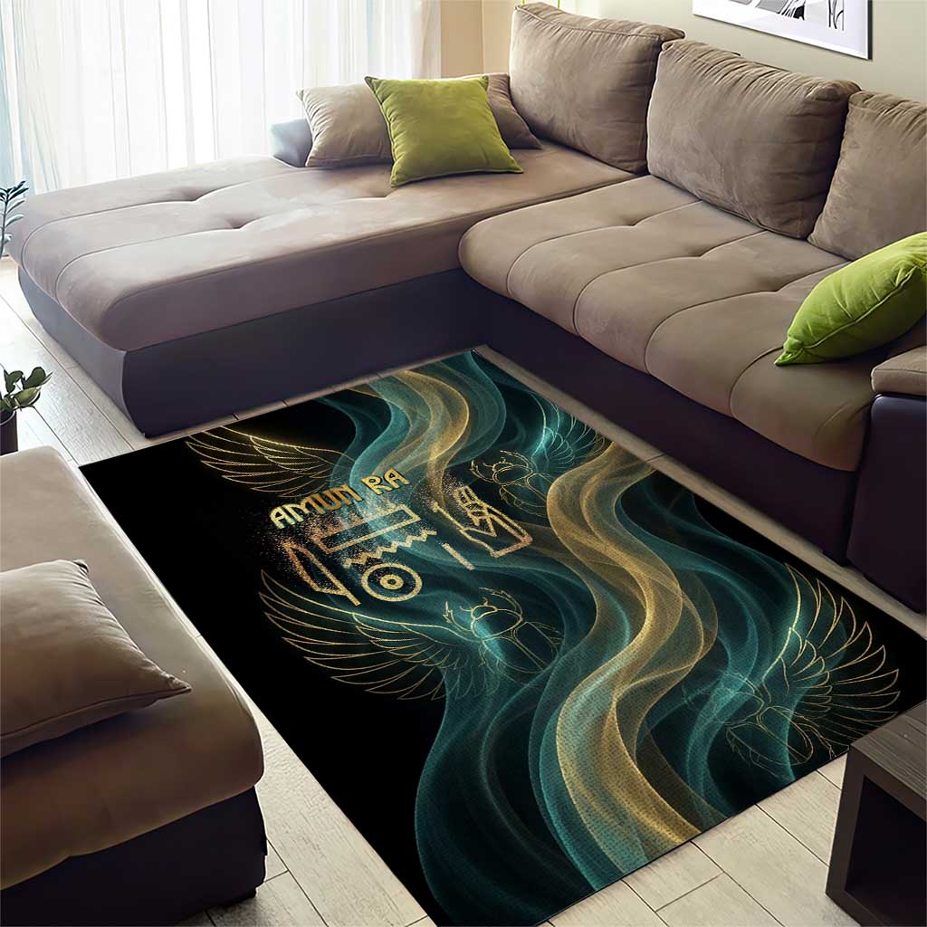 Amun Ancient Egyptian Area Rug with Mystical Smoke Swirl Pattern, Fiery Ram Head, and Hieroglyphic - Wonder Print Shop