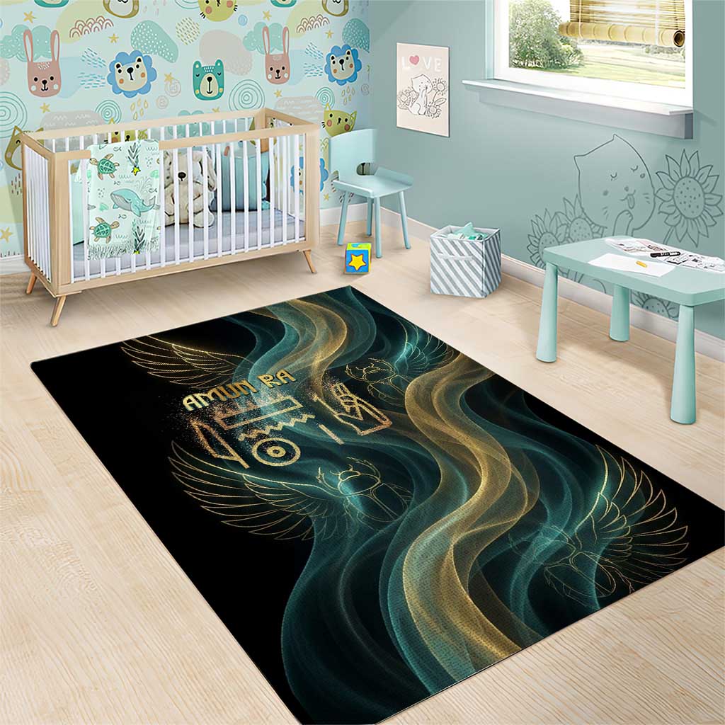 Amun Ancient Egyptian Area Rug with Mystical Smoke Swirl Pattern, Fiery Ram Head, and Hieroglyphic - Wonder Print Shop