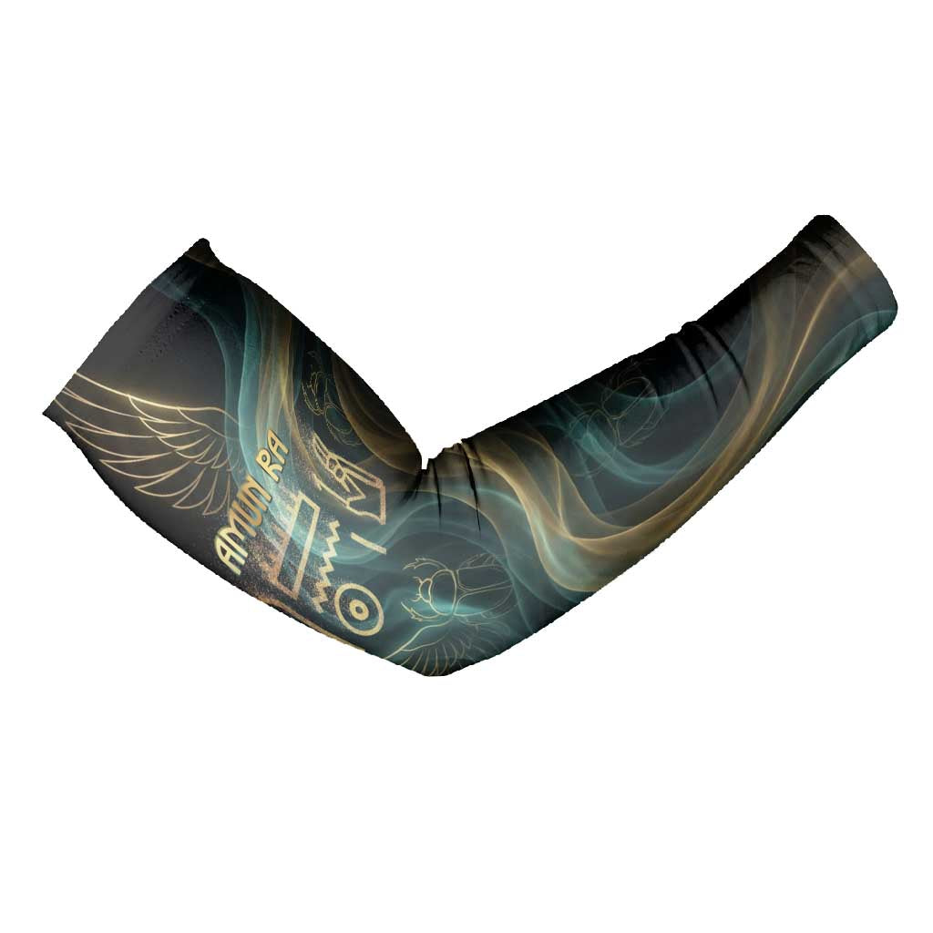 Amun Ancient Egyptian Arm Sleeves with Mystical Smoke Swirl Pattern, Fiery Ram Head, and Hieroglyphic - Wonder Print Shop