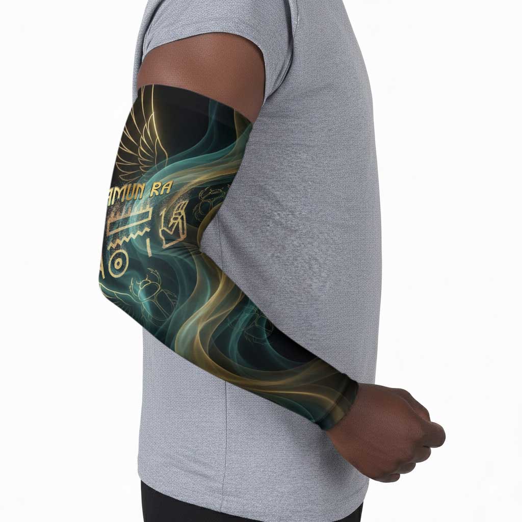 Amun Ancient Egyptian Arm Sleeves with Mystical Smoke Swirl Pattern, Fiery Ram Head, and Hieroglyphic - Wonder Print Shop