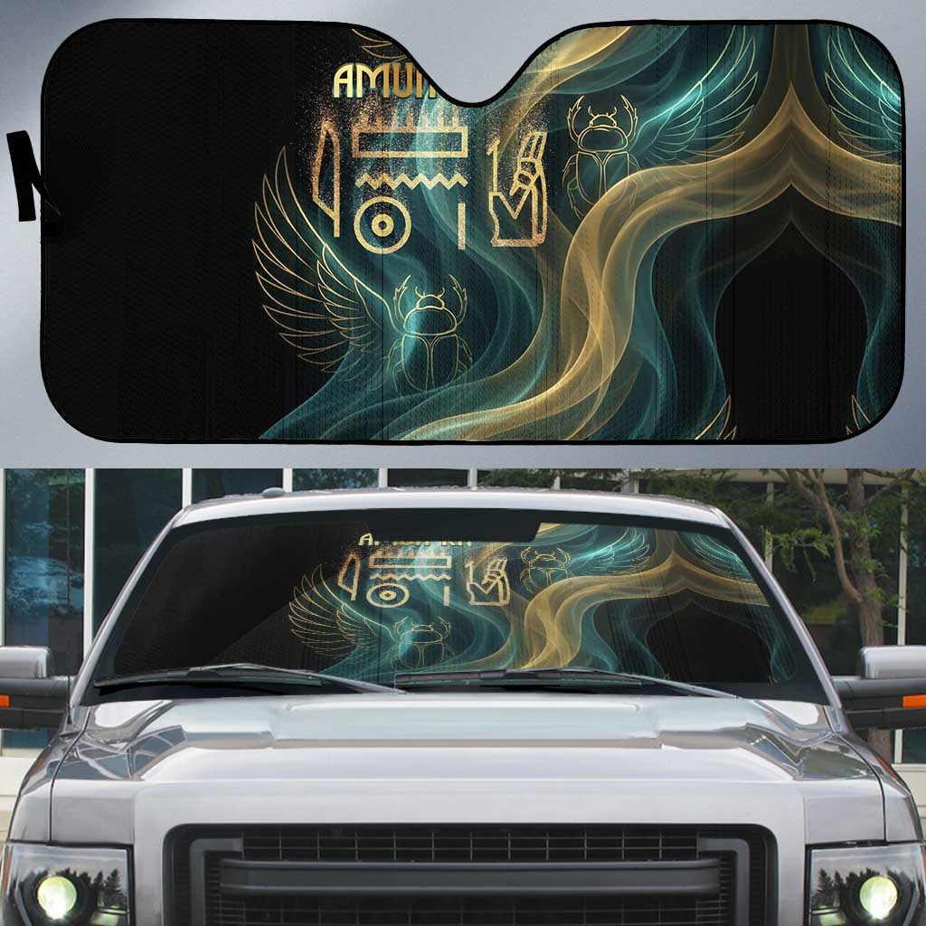 Amun Ancient Egyptian Auto Sun Shade with Mystical Smoke Swirl Pattern, Fiery Ram Head, and Hieroglyphic - Wonder Print Shop