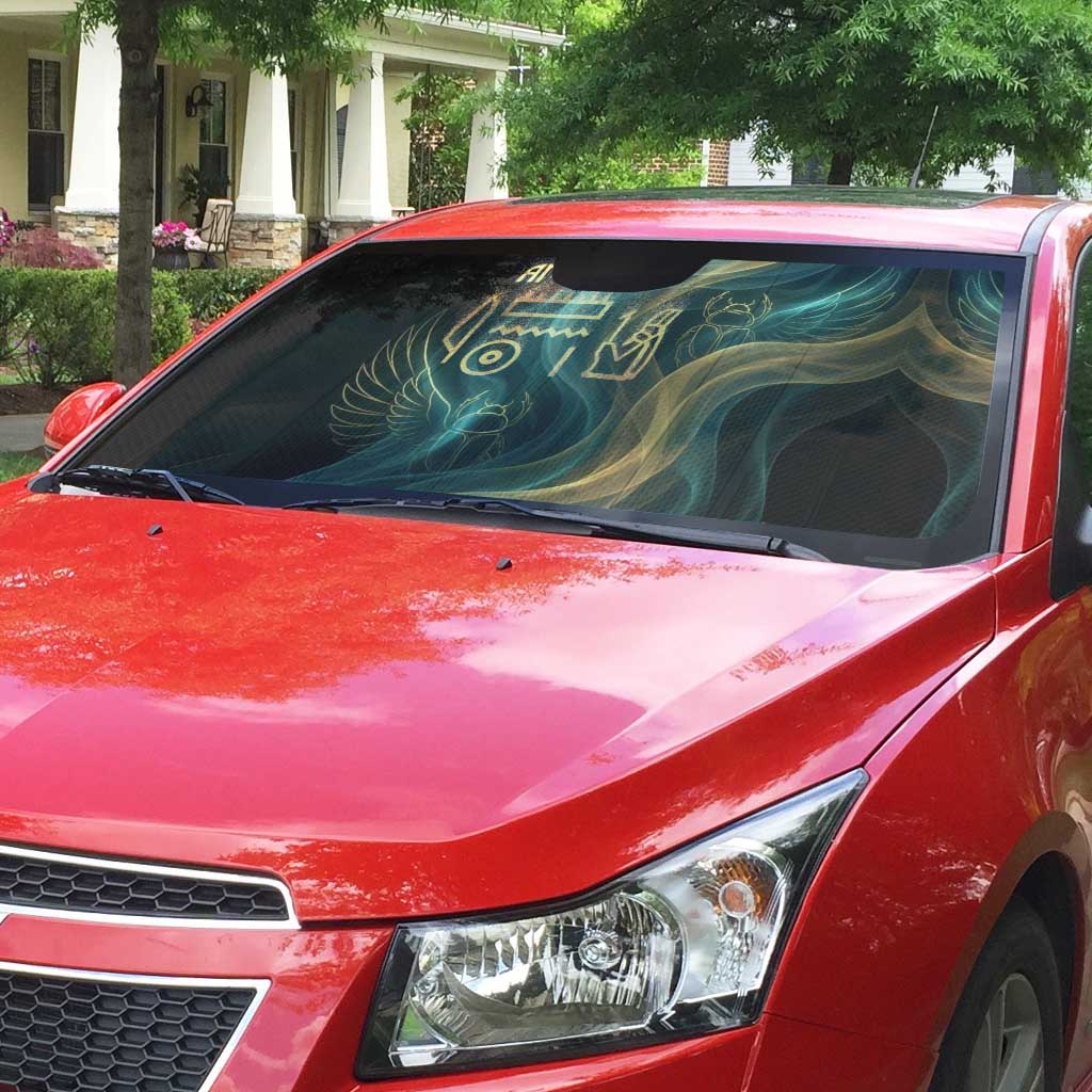 Amun Ancient Egyptian Auto Sun Shade with Mystical Smoke Swirl Pattern, Fiery Ram Head, and Hieroglyphic - Wonder Print Shop