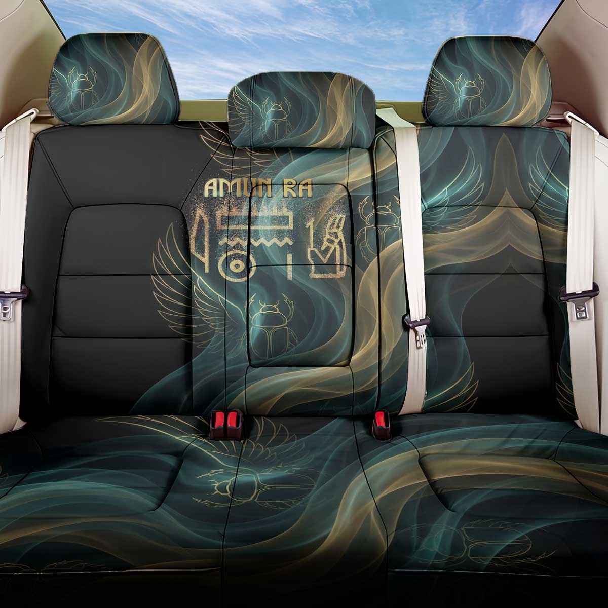 Amun Ancient Egyptian Back Car Seat Cover with Mystical Smoke Swirl Pattern, Fiery Ram Head, and Hieroglyphic - Wonder Print Shop