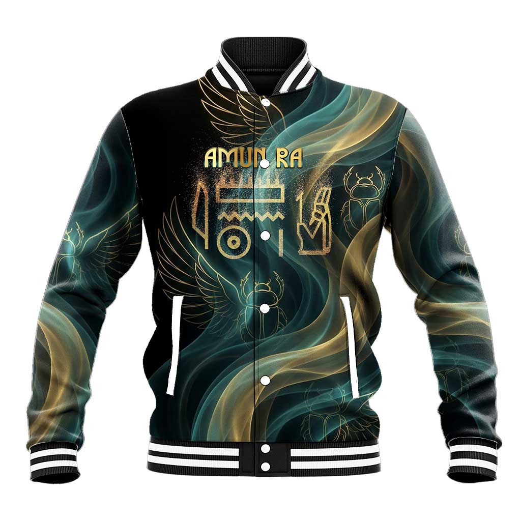 Amun Ancient Egyptian Baseball Jacket with Mystical Smoke Swirl Pattern, Fiery Ram Head, and Hieroglyphic - Wonder Print Shop