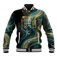Amun Ancient Egyptian Baseball Jacket with Mystical Smoke Swirl Pattern, Fiery Ram Head, and Hieroglyphic - Wonder Print Shop