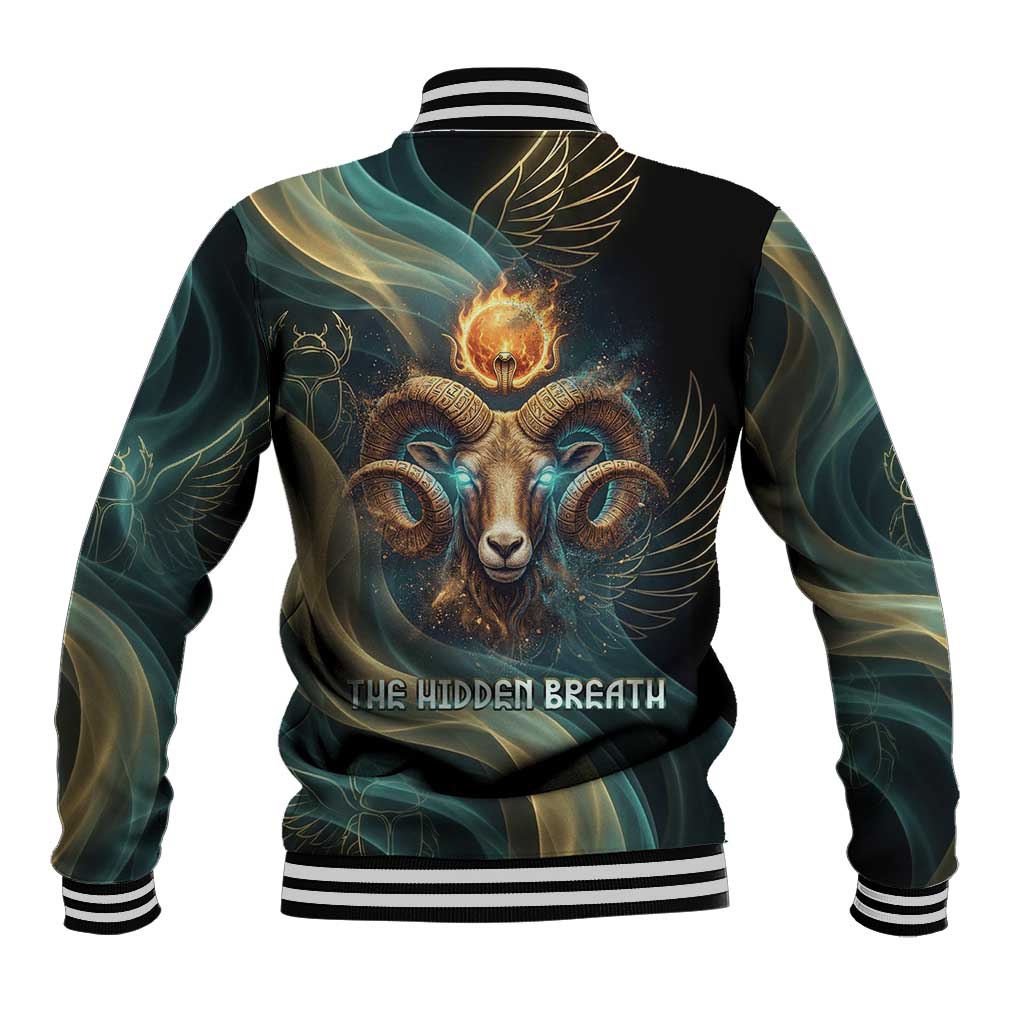 Amun Ancient Egyptian Baseball Jacket with Mystical Smoke Swirl Pattern, Fiery Ram Head, and Hieroglyphic - Wonder Print Shop