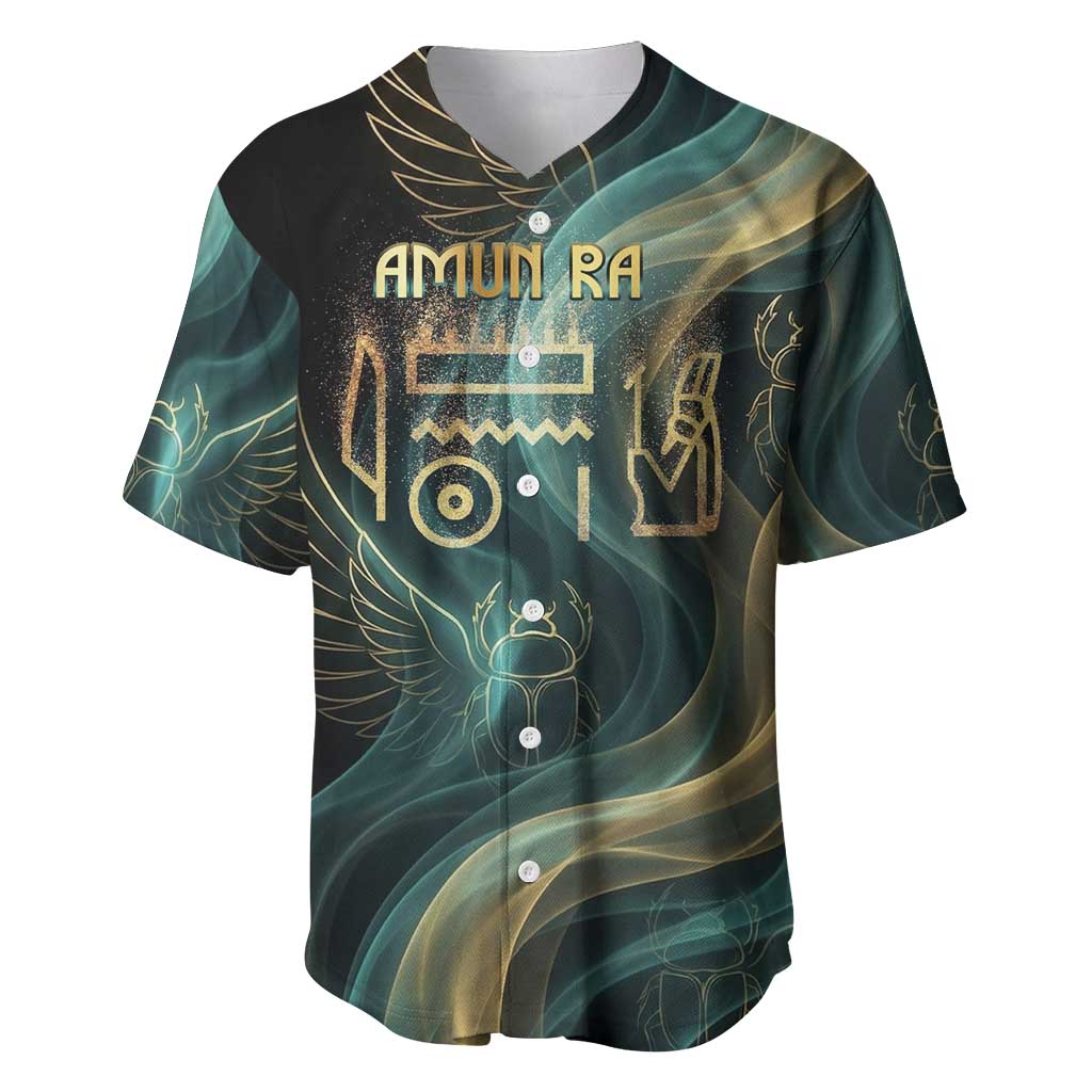 Amun Ancient Egyptian Baseball Jersey with Mystical Smoke Swirl Pattern, Fiery Ram Head, and Hieroglyphic - Wonder Print Shop