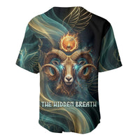 Amun Ancient Egyptian Baseball Jersey with Mystical Smoke Swirl Pattern, Fiery Ram Head, and Hieroglyphic - Wonder Print Shop