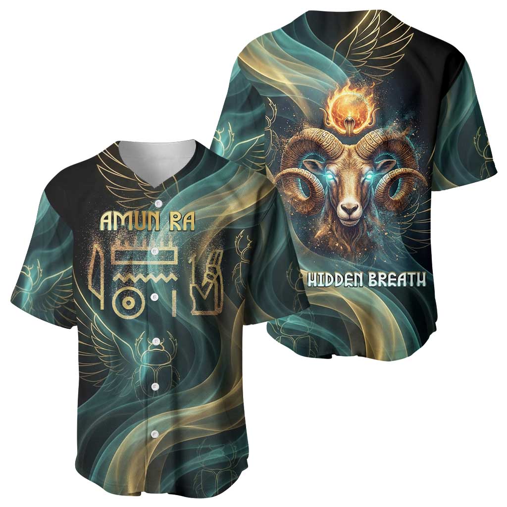 Amun Ancient Egyptian Baseball Jersey with Mystical Smoke Swirl Pattern, Fiery Ram Head, and Hieroglyphic - Wonder Print Shop