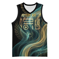 Amun Ancient Egyptian Basketball Jersey with Mystical Smoke Swirl Pattern, Fiery Ram Head, and Hieroglyphic - Wonder Print Shop