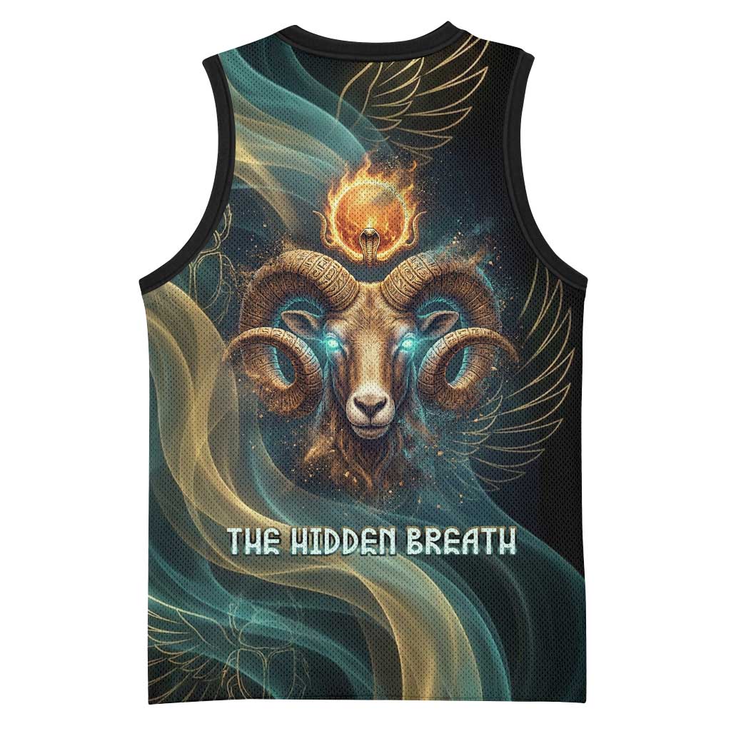 Amun Ancient Egyptian Basketball Jersey with Mystical Smoke Swirl Pattern, Fiery Ram Head, and Hieroglyphic - Wonder Print Shop