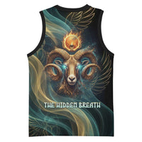 Amun Ancient Egyptian Basketball Jersey with Mystical Smoke Swirl Pattern, Fiery Ram Head, and Hieroglyphic - Wonder Print Shop