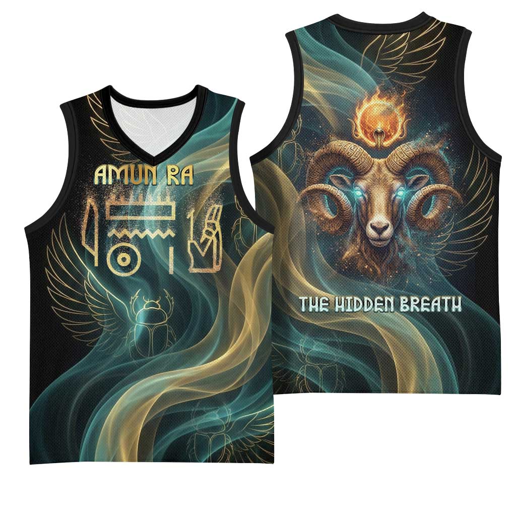 Amun Ancient Egyptian Basketball Jersey with Mystical Smoke Swirl Pattern, Fiery Ram Head, and Hieroglyphic - Wonder Print Shop