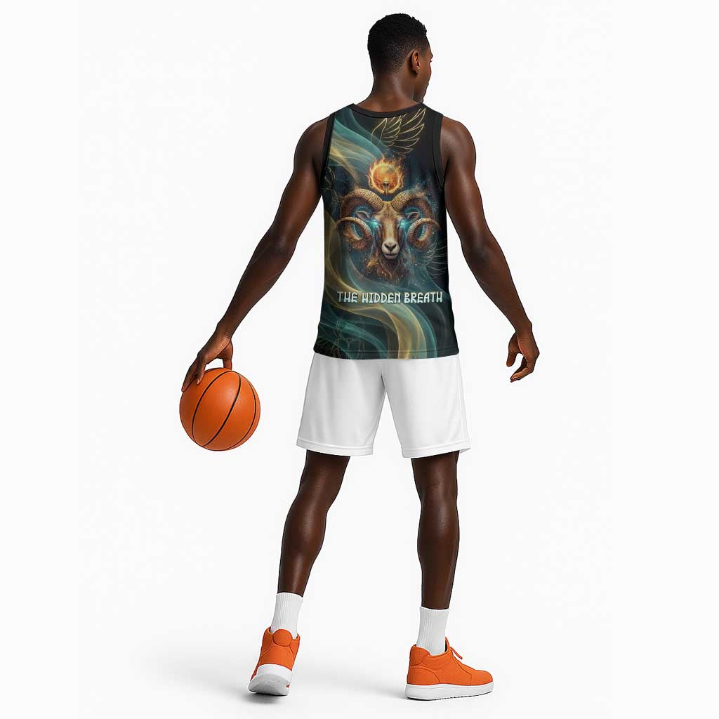 Amun Ancient Egyptian Basketball Jersey with Mystical Smoke Swirl Pattern, Fiery Ram Head, and Hieroglyphic - Wonder Print Shop