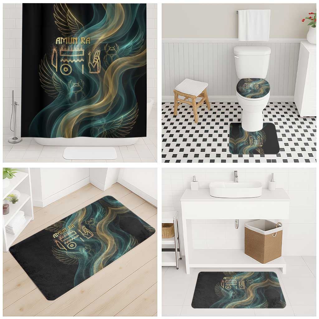 Amun Ancient Egyptian Bathroom Set with Mystical Smoke Swirl Pattern, Fiery Ram Head, and Hieroglyphic - Wonder Print Shop