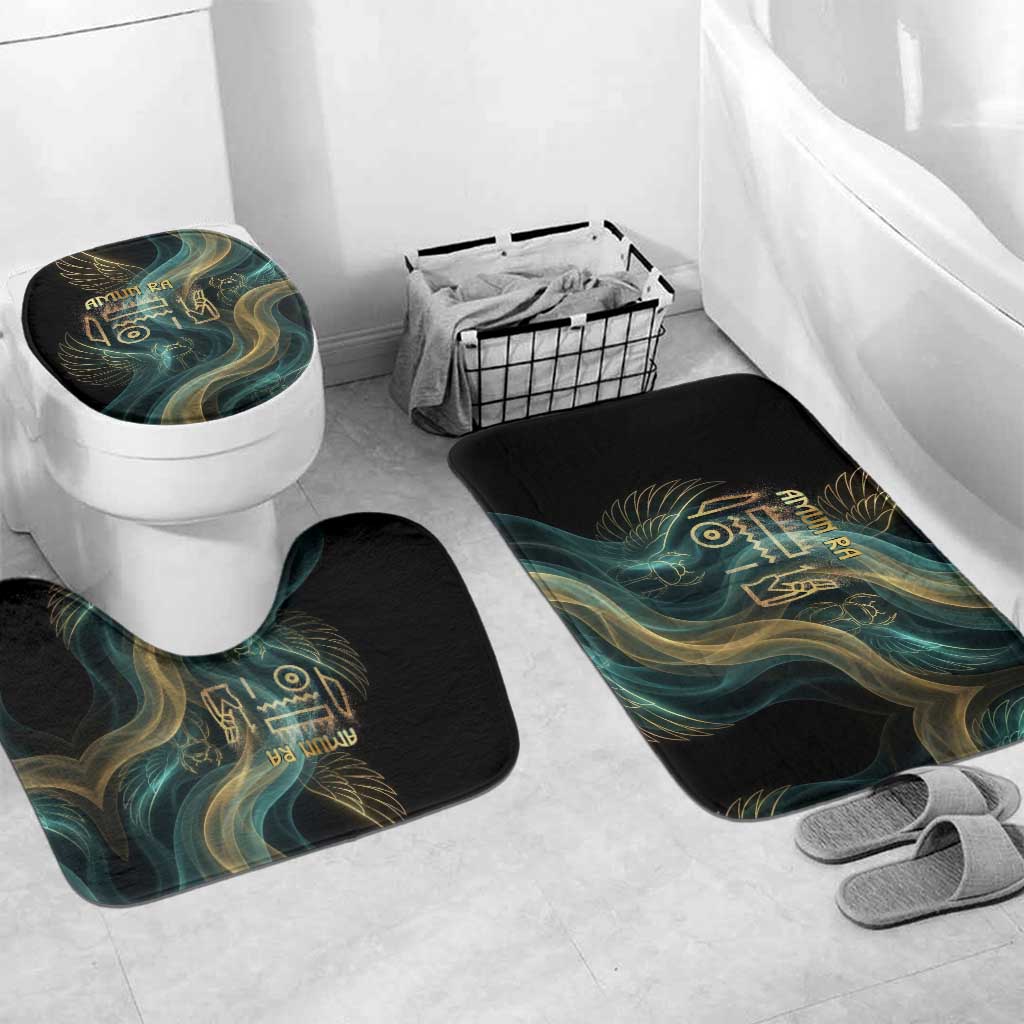 Amun Ancient Egyptian Bathroom Set with Mystical Smoke Swirl Pattern, Fiery Ram Head, and Hieroglyphic - Wonder Print Shop