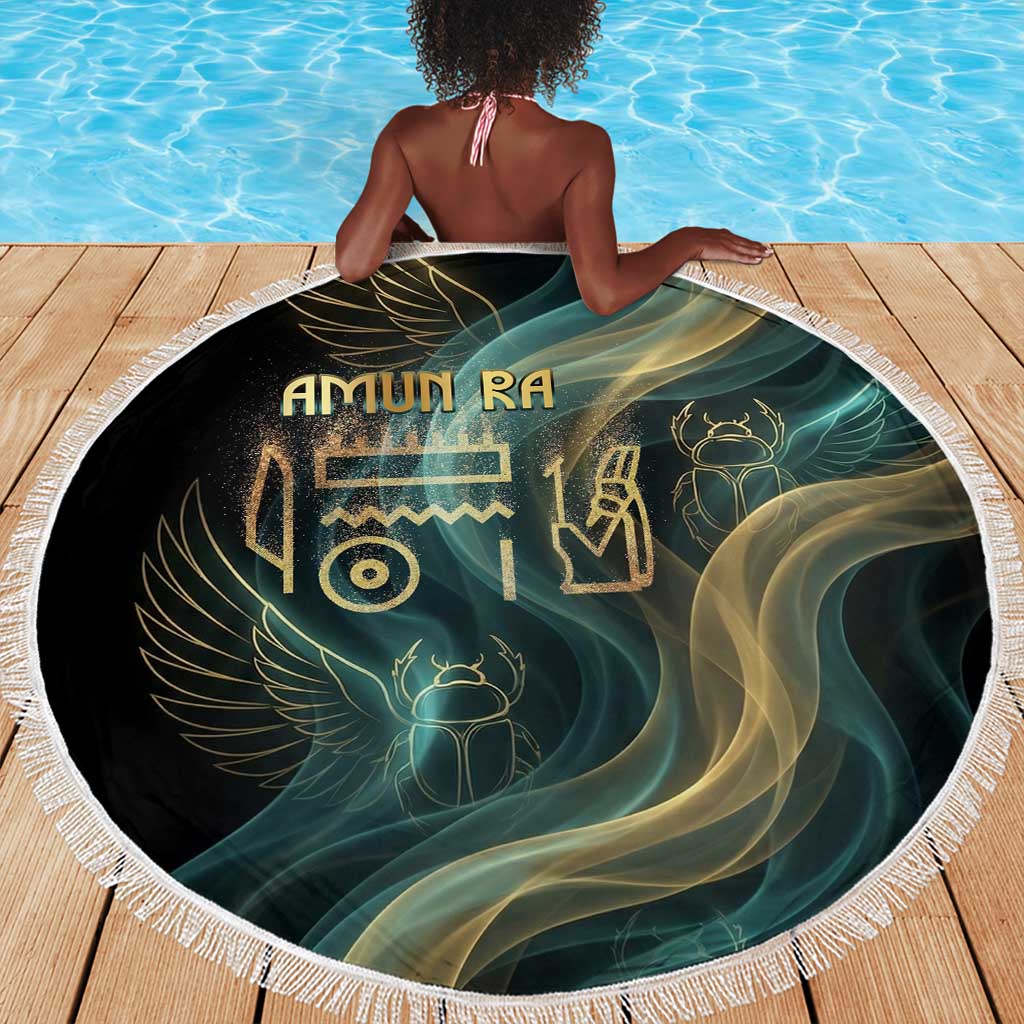 Amun Ancient Egyptian Beach Blanket with Mystical Smoke Swirl Pattern, Fiery Ram Head, and Hieroglyphic - Wonder Print Shop