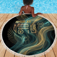 Amun Ancient Egyptian Beach Blanket with Mystical Smoke Swirl Pattern, Fiery Ram Head, and Hieroglyphic - Wonder Print Shop