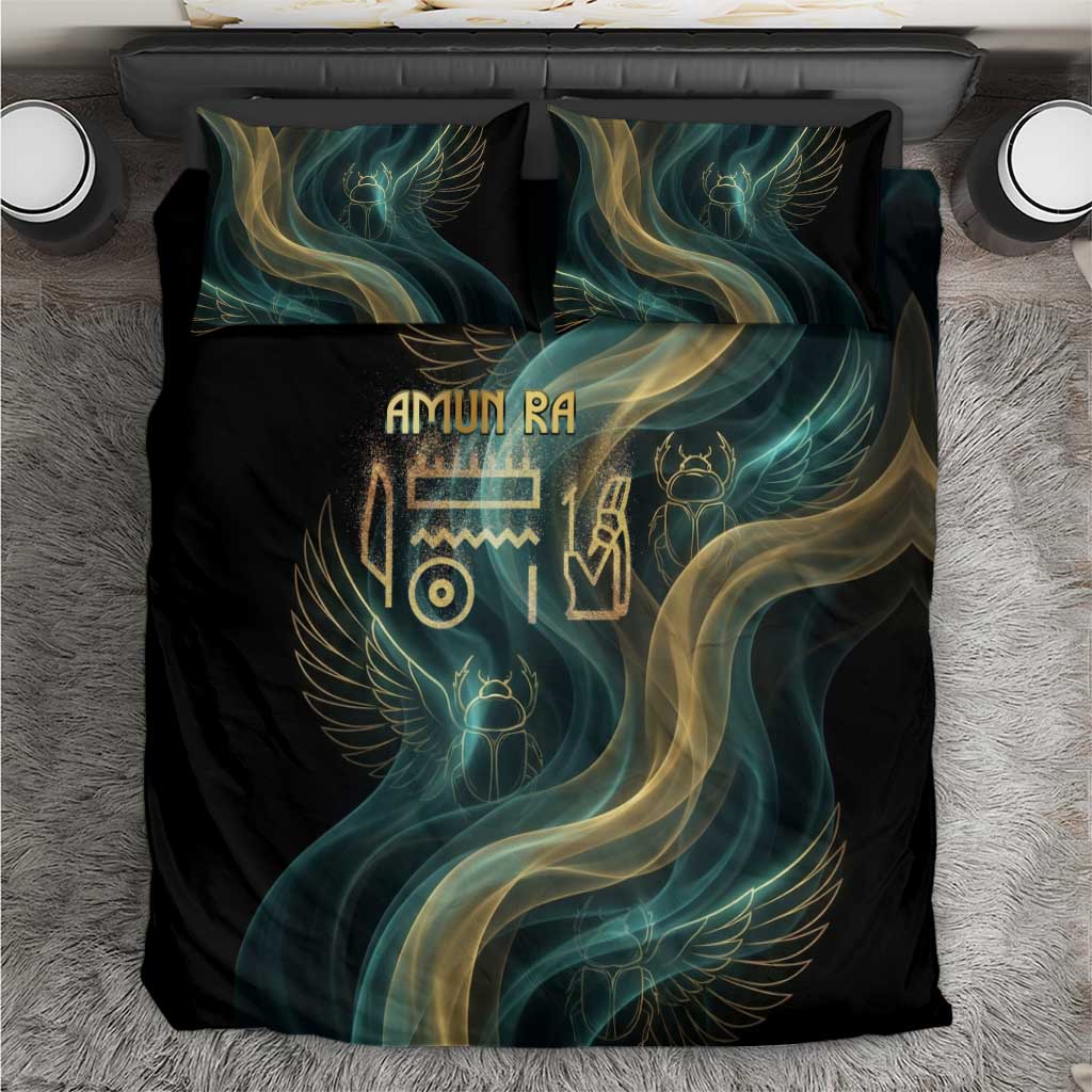 Amun Ancient Egyptian Bedding Set with Mystical Smoke Swirl Pattern, Fiery Ram Head, and Hieroglyphic - Wonder Print Shop