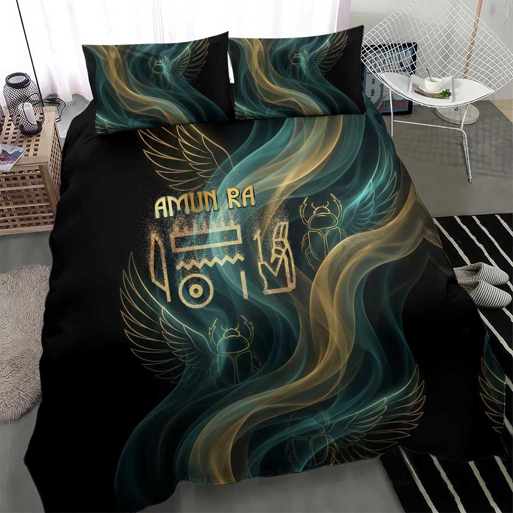 Amun Ancient Egyptian Bedding Set with Mystical Smoke Swirl Pattern, Fiery Ram Head, and Hieroglyphic - Wonder Print Shop
