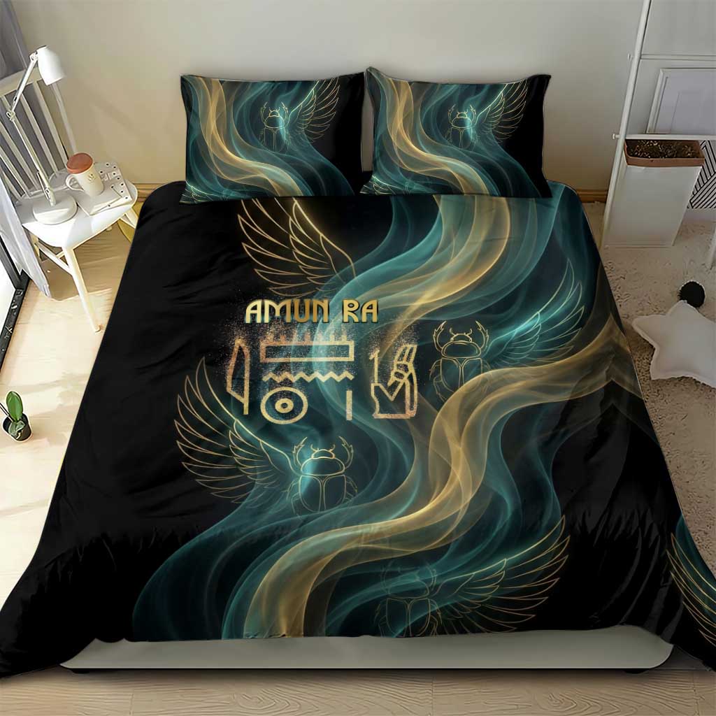 Amun Ancient Egyptian Bedding Set with Mystical Smoke Swirl Pattern, Fiery Ram Head, and Hieroglyphic - Wonder Print Shop