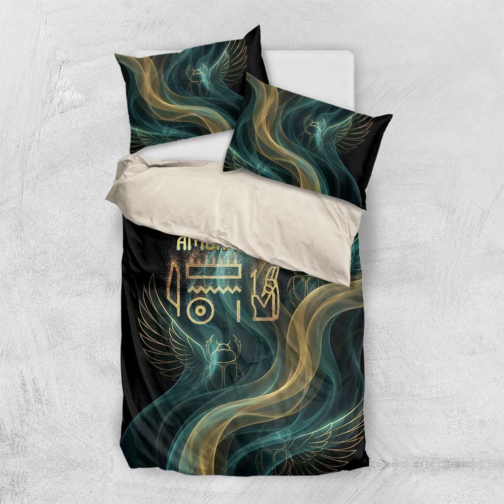 Amun Ancient Egyptian Bedding Set with Mystical Smoke Swirl Pattern, Fiery Ram Head, and Hieroglyphic - Wonder Print Shop