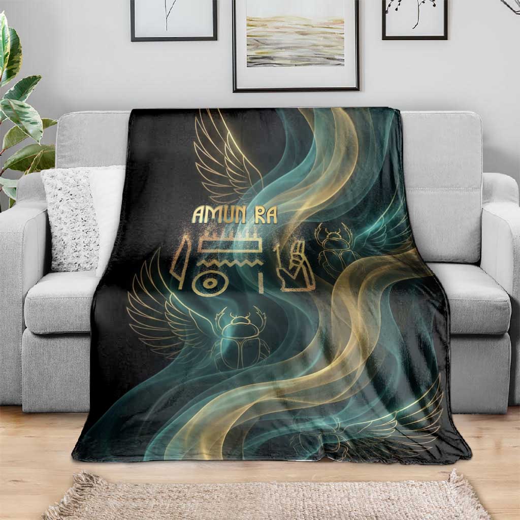 Amun Ancient Egyptian Blanket with Mystical Smoke Swirl Pattern, Fiery Ram Head, and Hieroglyphic - Wonder Print Shop