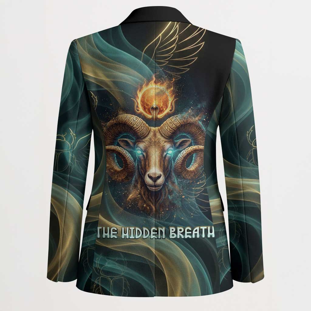 Amun Ancient Egyptian Blazer with Mystical Smoke Swirl Pattern, Fiery Ram Head, and Hieroglyphic - Wonder Print Shop