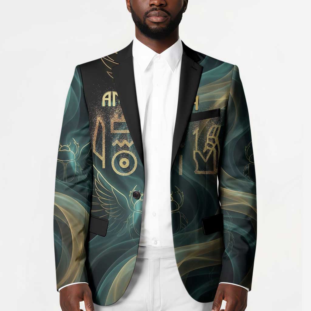 Amun Ancient Egyptian Blazer with Mystical Smoke Swirl Pattern, Fiery Ram Head, and Hieroglyphic - Wonder Print Shop