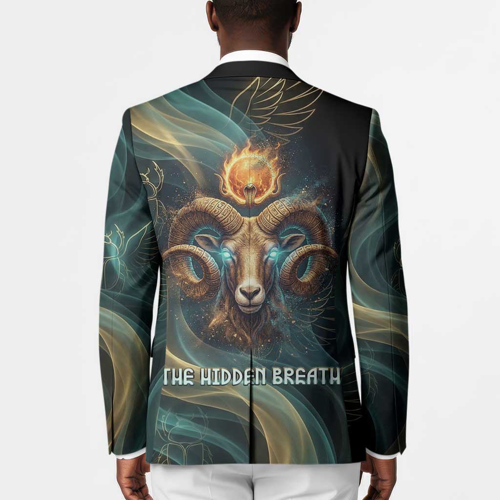 Amun Ancient Egyptian Blazer with Mystical Smoke Swirl Pattern, Fiery Ram Head, and Hieroglyphic - Wonder Print Shop