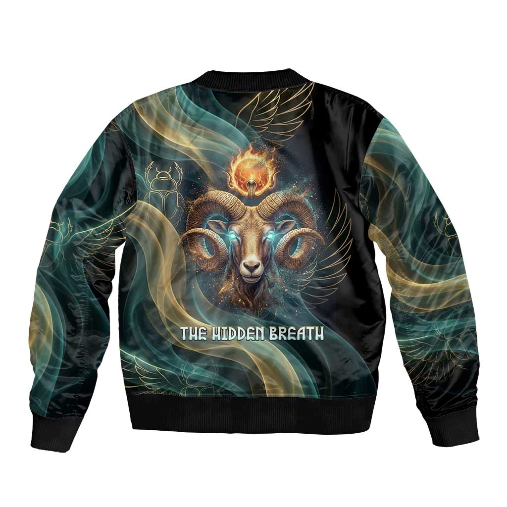 Amun Ancient Egyptian Bomber Jacket with Mystical Smoke Swirl Pattern, Fiery Ram Head, and Hieroglyphic - Wonder Print Shop