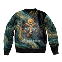 Amun Ancient Egyptian Bomber Jacket with Mystical Smoke Swirl Pattern, Fiery Ram Head, and Hieroglyphic - Wonder Print Shop