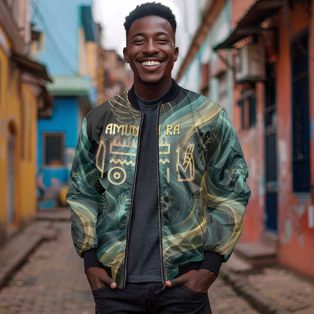 Amun Ancient Egyptian Bomber Jacket with Mystical Smoke Swirl Pattern, Fiery Ram Head, and Hieroglyphic - Wonder Print Shop