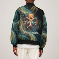 Amun Ancient Egyptian Bomber Jacket with Mystical Smoke Swirl Pattern, Fiery Ram Head, and Hieroglyphic - Wonder Print Shop