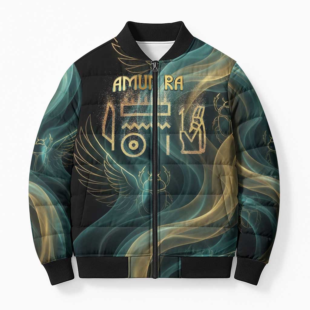 Amun Ancient Egyptian Bomber Puffer Jacket with Mystical Smoke Swirl Pattern, Fiery Ram Head, and Hieroglyphic - Wonder Print Shop