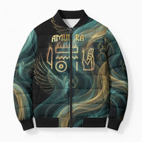 Amun Ancient Egyptian Bomber Puffer Jacket with Mystical Smoke Swirl Pattern, Fiery Ram Head, and Hieroglyphic - Wonder Print Shop