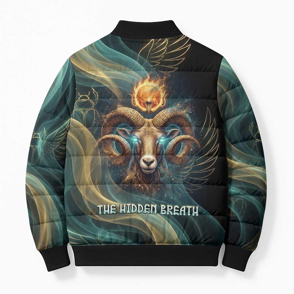 Amun Ancient Egyptian Bomber Puffer Jacket with Mystical Smoke Swirl Pattern, Fiery Ram Head, and Hieroglyphic - Wonder Print Shop