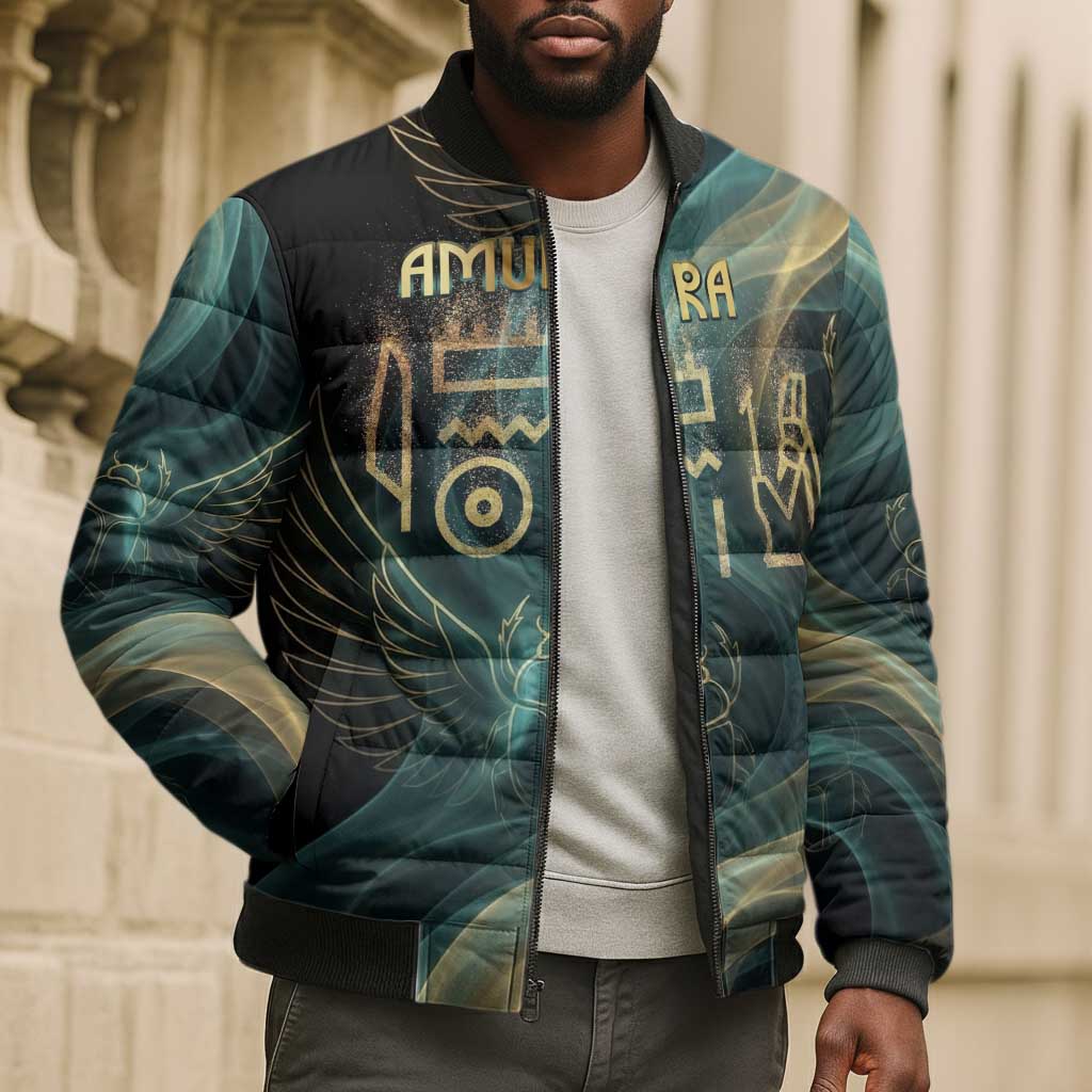 Amun Ancient Egyptian Bomber Puffer Jacket with Mystical Smoke Swirl Pattern, Fiery Ram Head, and Hieroglyphic - Wonder Print Shop