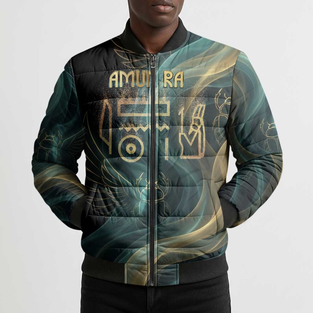 Amun Ancient Egyptian Bomber Puffer Jacket with Mystical Smoke Swirl Pattern, Fiery Ram Head, and Hieroglyphic - Wonder Print Shop