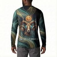 Amun Ancient Egyptian Button Sweatshirt with Mystical Smoke Swirl Pattern, Fiery Ram Head, and Hieroglyphic