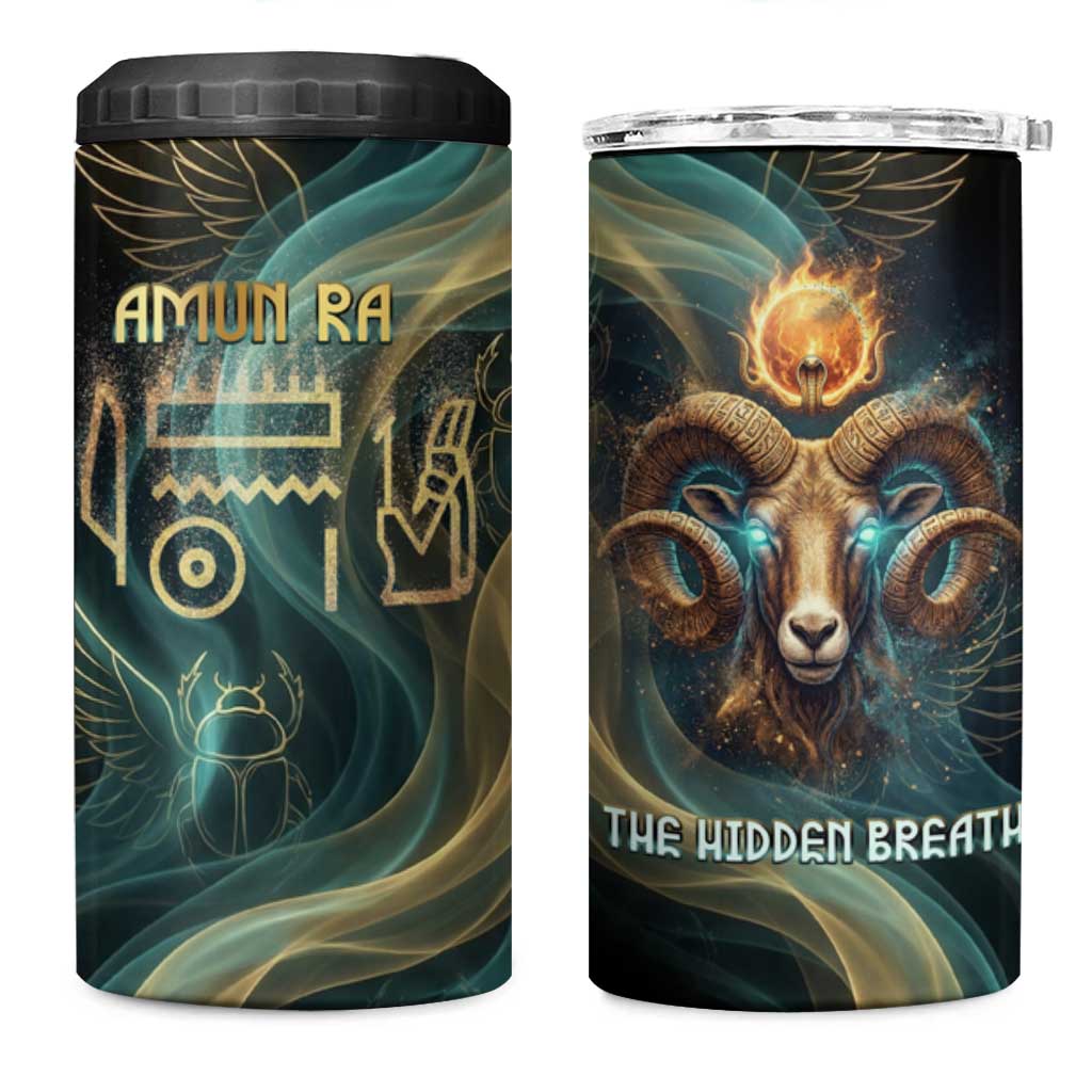 Amun Ancient Egyptian 4 in 1 Can Cooler Tumbler with Mystical Smoke Swirl Pattern, Fiery Ram Head, and Hieroglyphic - Wonder Print Shop